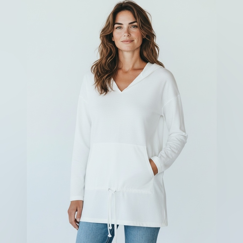 Adrienne Vittadini White V-Neck Hoodie Tunic